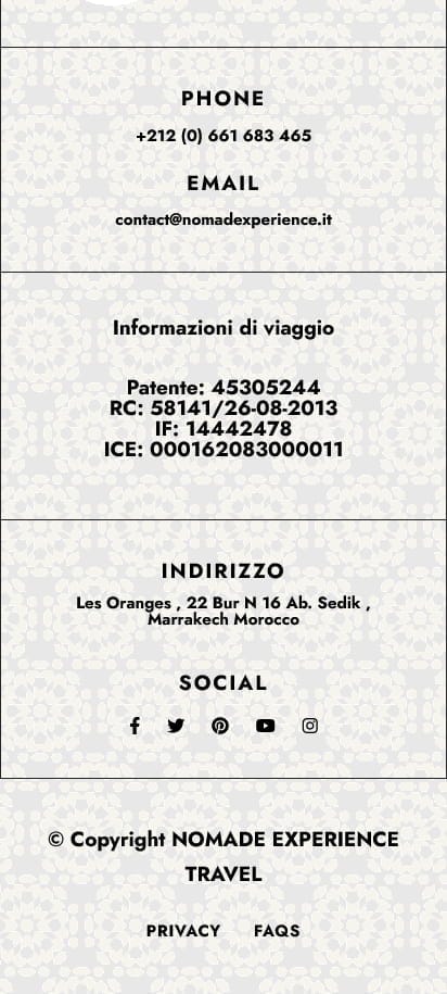 footer mobile du site Nomad Experience Travel